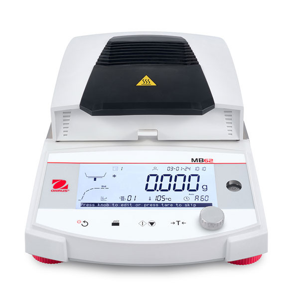 Photograph of an Ohaus MB62 Moisture Analyzer, closed, front-facing.