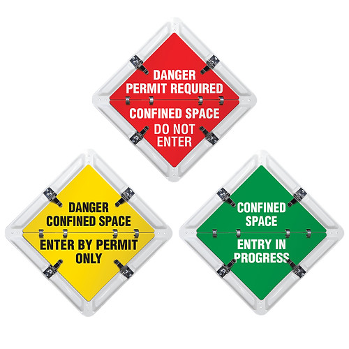 Image of a Confined Space Ident-O-Flip® Informational Flip Sign showing all three settings.