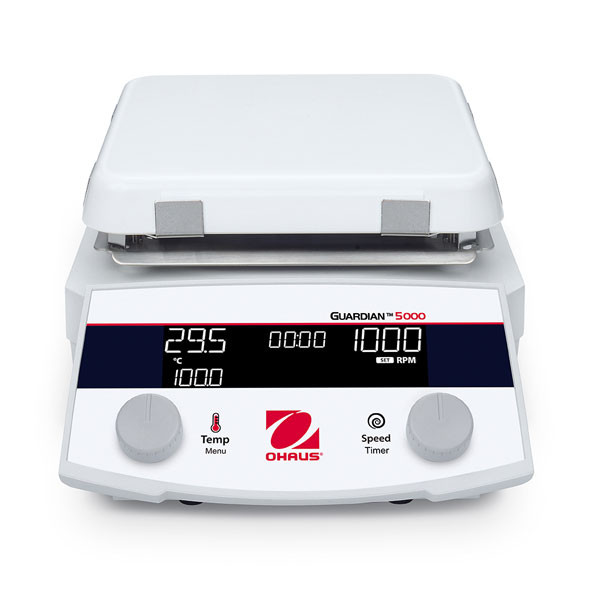 Photograph of Ohaus Next Generation Guardian™ 5000 7" x 7" Hotplate Stirrer, front view.