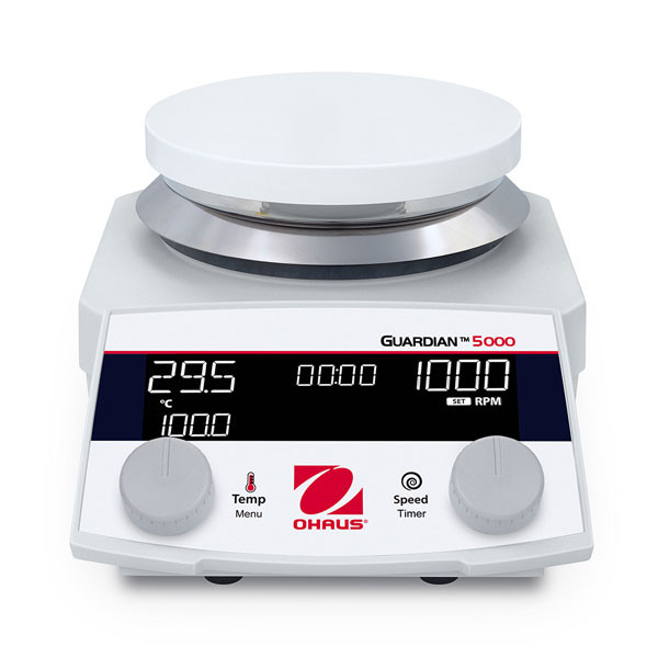 Photograph of an Ohaus Next Generation Guardian™ 5000 Round Top Hotplate Stirrer, front view.
