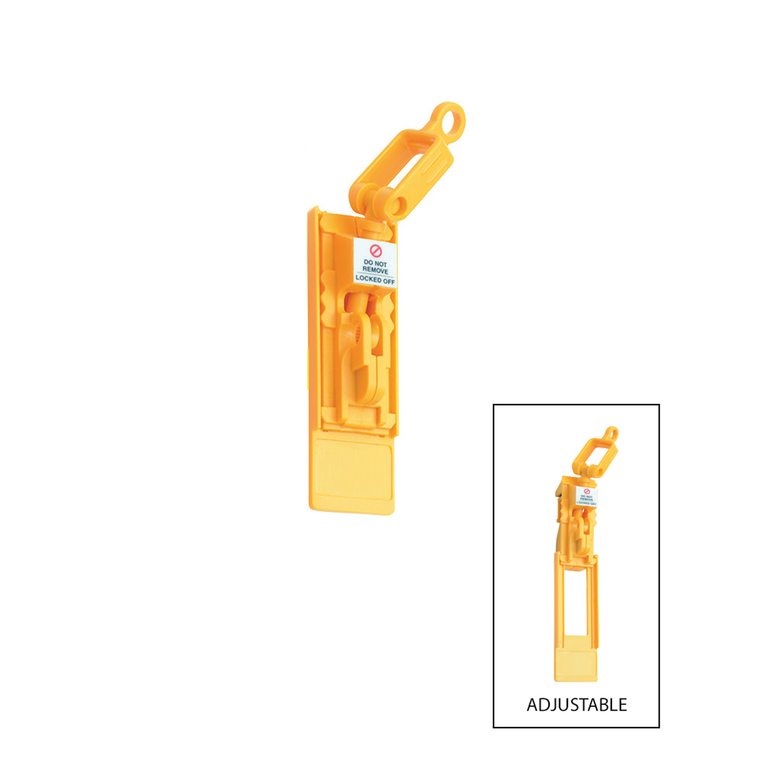An image showing the lockout device in the open position. An inset image shows the adjustable nature of the device, with it extended.