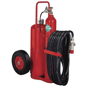 A photograph of a Badger B150K-1 ABC dry chemical stored pressure 150 pound wheeled fire extinguisher.