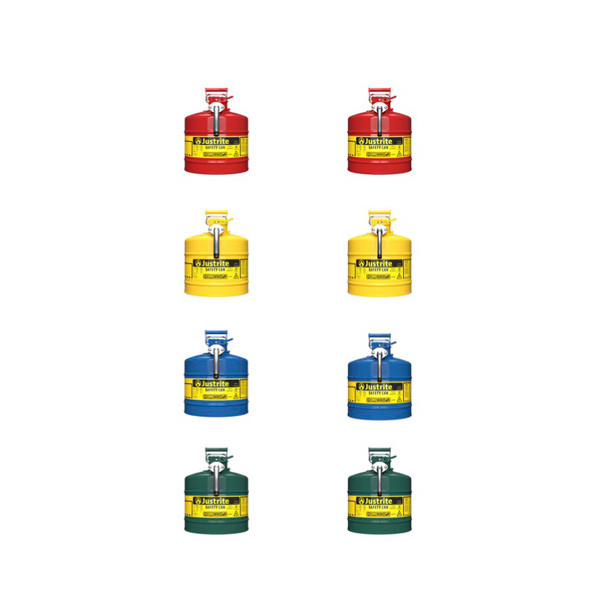 An image of the the eight (8) available  5 gallon 02108 Justrite Type II AccuFlow™ Steel Safety Cans:  4 different colors and 5/8" hose on left, 1" hose on the right.