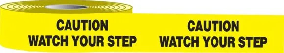 Photograph of roll of Tough-Mark™ Cold High Performance Marking Tapes in black and yellow, reading "Caution Watch Your Step".