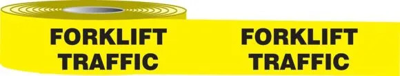 Photograph of roll of Tough-Mark™ Cold High Performance Marking Tapes in black and yellow, reading "Forklift Traffic".