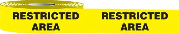 Photograph of roll of Tough-Mark™ Cold High Performance Marking Tapes in black and yellow, reading "Restricted Area".