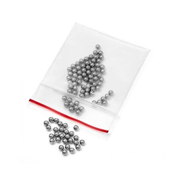 Photograph of an open package of  5 mm 316-Stainless Steel Lysing Beads.