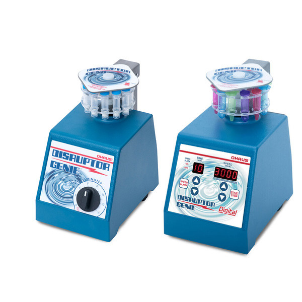 A photograph of a Digital and an Analog Ohaus Cell Disruptor Genie™ holding tubes (not included) in universal microtube holder, facing left.