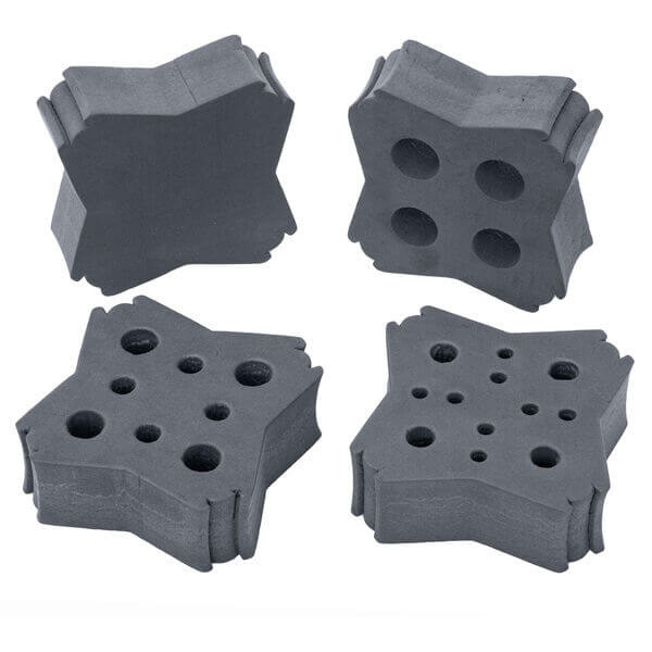 A photograph of all 4 Foam Inserts available  -  (1) 9-16 mm test tube insert, (1) 14-29 mm test tube insert, (1) 29-37 mm test tube insert, (1) blank insert. 