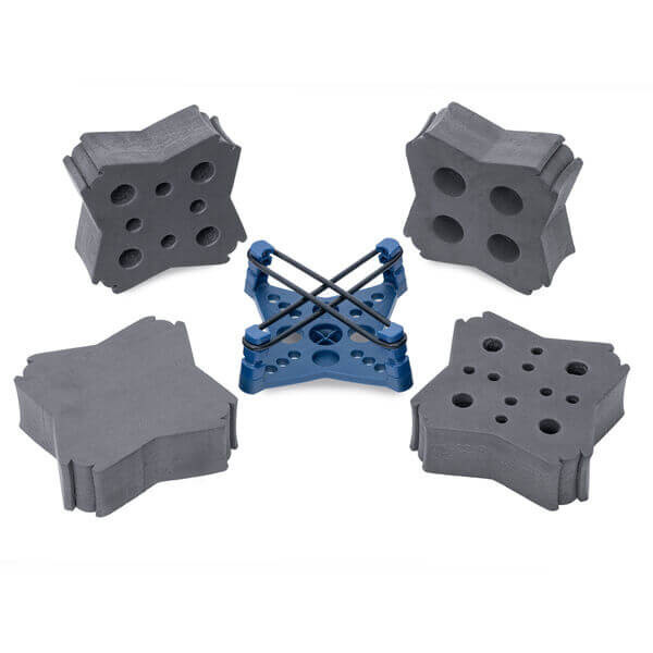 A photograph of the all accessories included in the Large Sample Set for Ohaus Genie™ Mixers:  one recessed platform head, four foam inserts, two rubber bands.