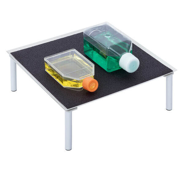 A photograph of  a stackable tray for a Roto-Rock Genie supporting  T-flasks (not included).