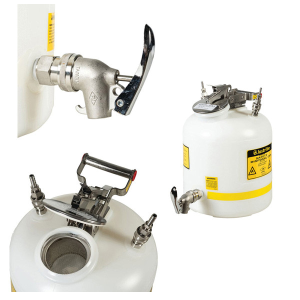 Three images of Justrite 5 Gallon HPLC Safety Disposal Can w/ Quick-Disconnect Fittings and Faucet:  close up of the faucet, top view of a can with lid open, compete can with lid closed.