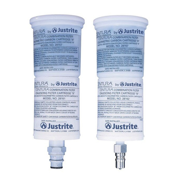 A photograph of two a Coalescing/Carbon Filters - one with a stainless steel disconnect and one with a polypropylene disconnect.