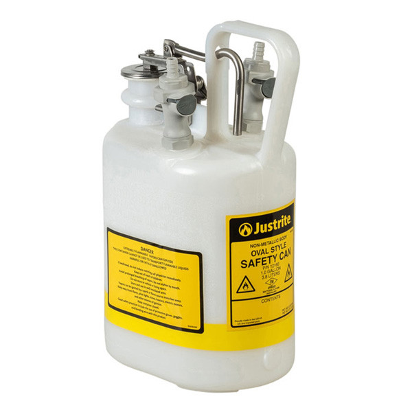 A photograph of a 1 Gallon Justrite HPLC Safety Disposal Cans w/ Quick-Disconnect Fittings.