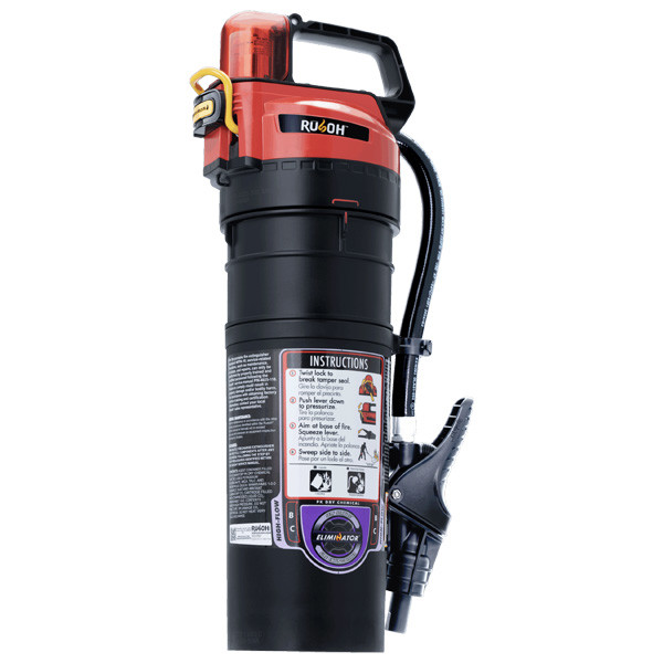 A picture of the Rusoh Eliminator 10 lb, High Flow, BC (Purple-K) fire extinguisher, side view.
