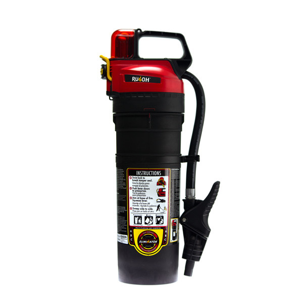 A picture of the Rusoh Eliminator 10 lb, High Flow, ABC fire extinguisher, front view.