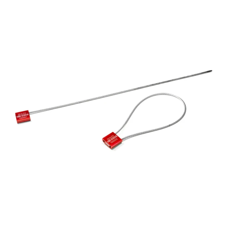 Photograph of red security cable in locked and unlocked positions.