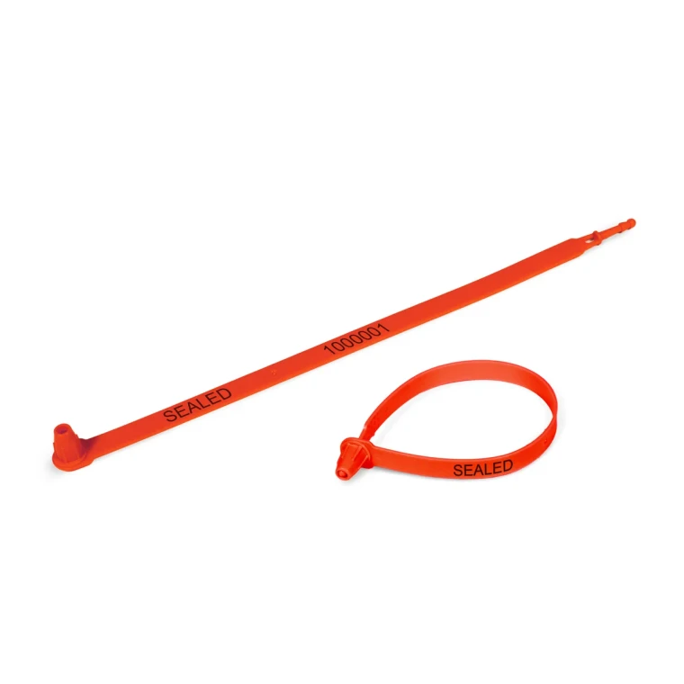 Photograph of red plastic tamper seal in open and closed positions.