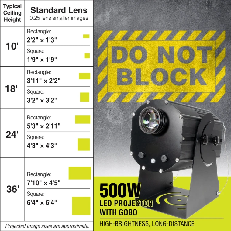 Diagram showing 500W projector, the projected "DO NOT BLOCK" symbol, and the image diameter relative to projector mounting height for the standard lens.