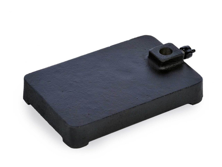 Photograph of a cast iron rectangular support stand base.