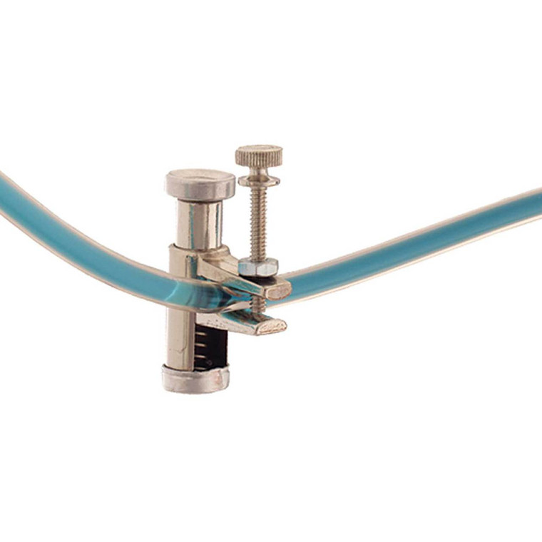 Photograph of a variable flow nickel-plated pinchcock clamp pinching down on tubing.