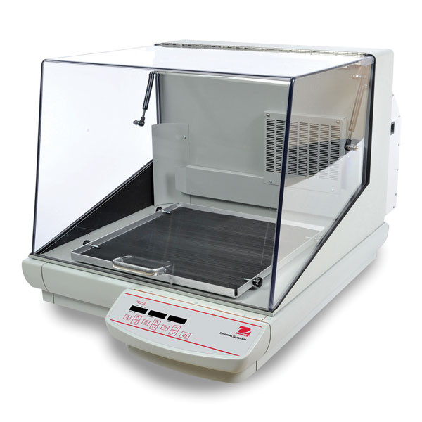 Photograph of 23 kg capacity Ohaus Incubating/Cooling Heavy Duty Orbital Shaker, left facing, lid closed.