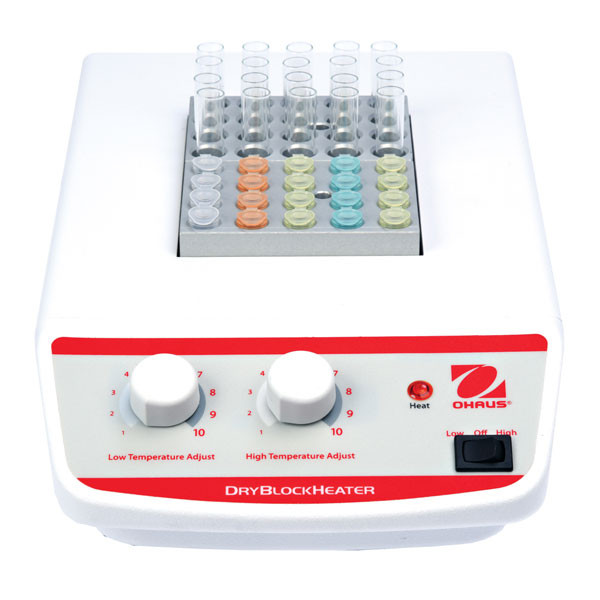 Photograph of Ohaus Analog 2 Block Dry Block Heater, front facing, holding optional block and tubes (sold separately).