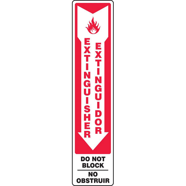 Image of a Bilingual English/Spanish Fire Extinguisher Signs w/ Arrow, 4"w x 18"h as described in the product description.