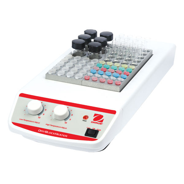 Photograph of Ohaus Analog 4 Block Dry Block Heater, left facing, holding optional blocks and glassware (sold separately).