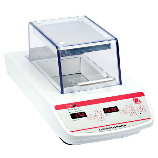 Photograph of Ohaus Digital 2 Block Dry Block Heater with heated Lid, right facing, lid closed.