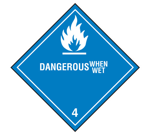 A photograph of a 03038 class 4 dangerous when wet dot shipping labels, with 500 per roll.