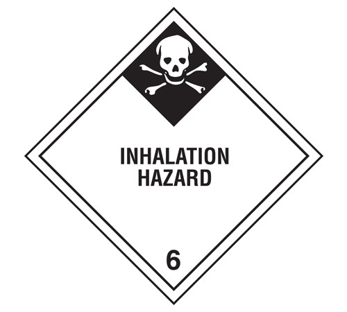 A photograph of a 03047 class 6 inhalation hazard dot shipping labels, with 500 per roll.