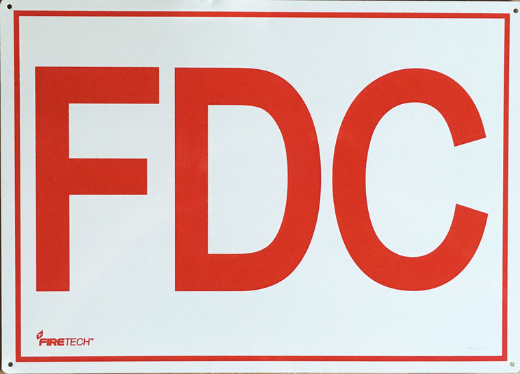 Photograph of the FDC Aluminum Sign w/ 6" Red Letters On White Background, 14"w x 10"h.