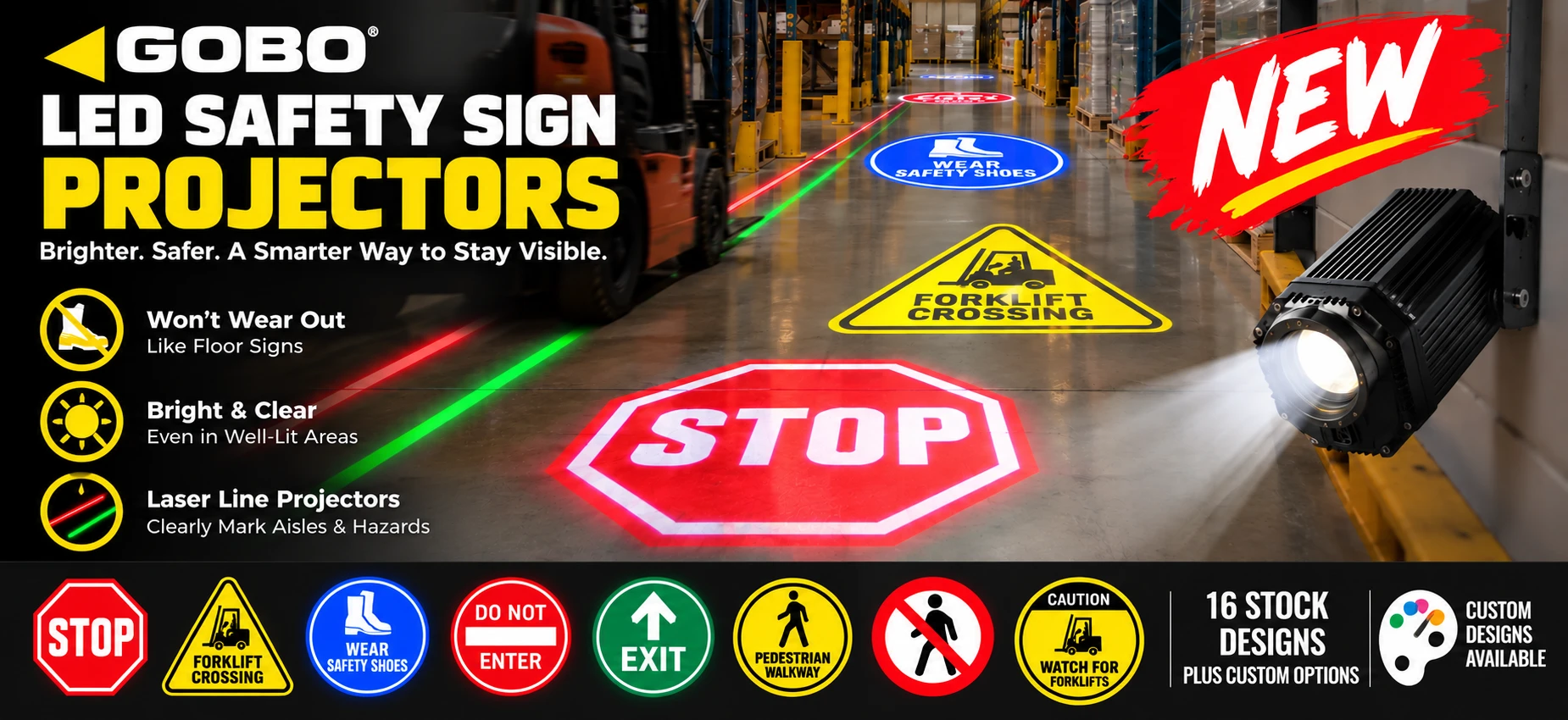 GOBO Safety sign and laser line projectors