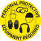 An image of a Slip-Gard™ Floor Sign.  This yellow sign has "PERSONAL PROTECTIVE EQUIPMENT REQUIRED" in black lettering around the circumference of the sign. Graphics of gloves, an apron, goggles, a hard hat and ear protection are in the center.