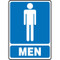 A photograph of a 03457 restroom sign.  The sign has a graphic of man above the word MEN, both in white on a blue background.