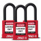A photograph of three red 07023 zing recyclocks insulated safety padlocks with 1.5" shackle.