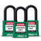 A photograph of three green 07023 zing recyclocks insulated safety padlocks with 1.5" shackle.