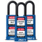 A photograph of three blue 07023 zing recyclocks insulated safety padlocks with 1.5" shackle and 3" body.