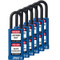 A photograph of six blue 07023 zing recyclocks insulated safety padlocks with 1.5" shackle and 3" body.