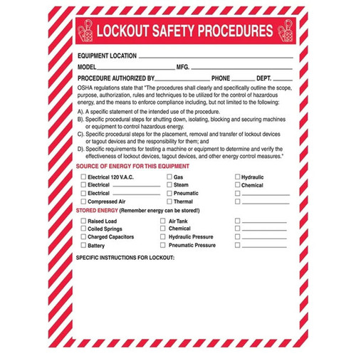 Lock Issue Form Lockout Safety Procedure Refill Forms, 25/pkg