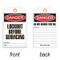 A photograph of a 07084 tag, reading danger lockout before servicing on front, and do not remove this tag on back, with 25 per package.
