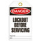 A photograph of front of a 07084 tag, reading danger lockout before servicing.