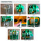 A set of eight photos demonstrating how to unpack and install the G1540CVR Vinyl Protective Cover on a G1540 eye wash station.