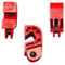 A photograph of front, back, and side of a 07154 zing recyclockout™ single-pole circuit breaker universal lockout, with 3 per package.