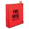 A photograph of a red english 09900 fire hose pin rack covers.