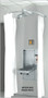 A photograph of a AP250-065 Modesty Curtain for Recessed Laboratory Units installed on a pull-down eyewash station.