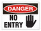 A photograph of a 01631 danger, no entry OSHA sign with hand graphic.