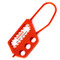 A photograph of a red 07265 flexible 3-hole dielectric nylon lockout hasp.