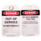 A photograph of front and back of a 07288 Zing Eco danger, out of service do not operate lockout tags with grommets, and 10 per package.